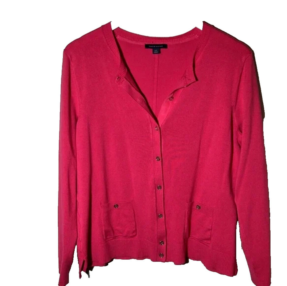 Tommy Hilfiger Cardigan Sweater Women's L Coral Pink Front Pockets Knit Button